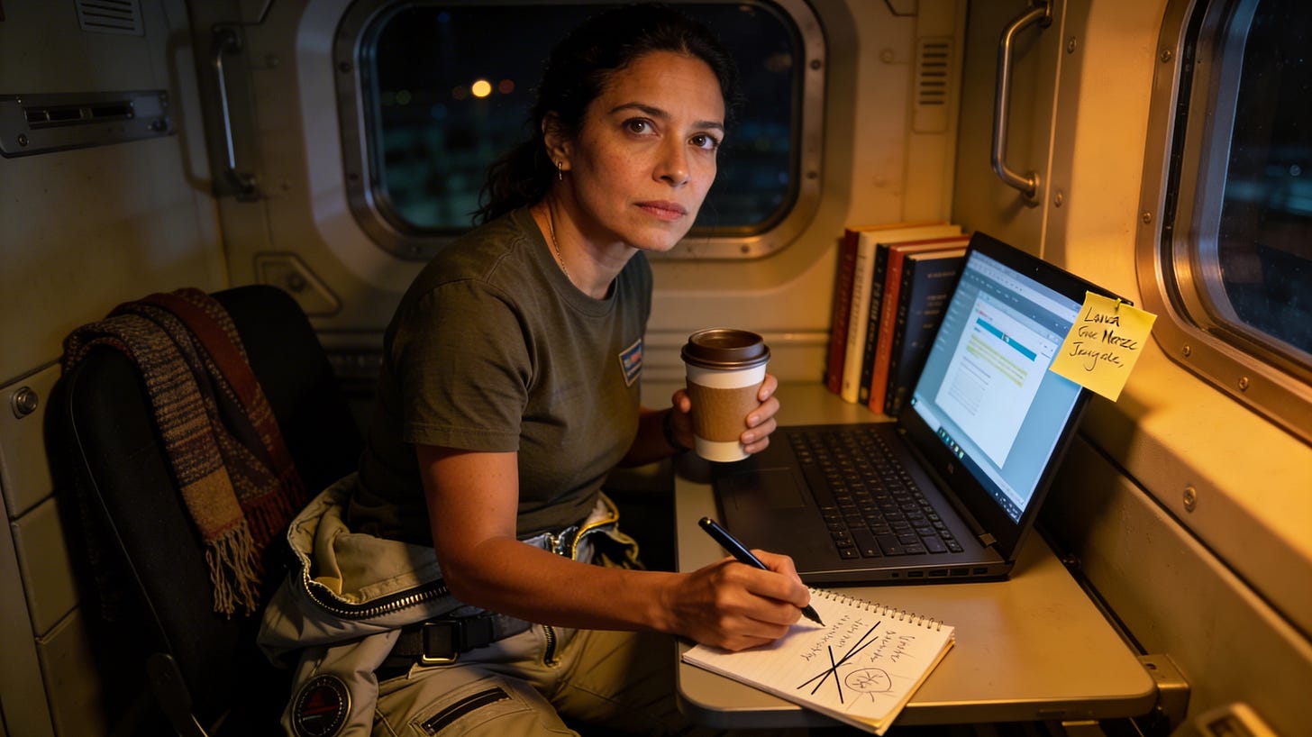 Laura at 2am — character arriving uninvited during workshop prep