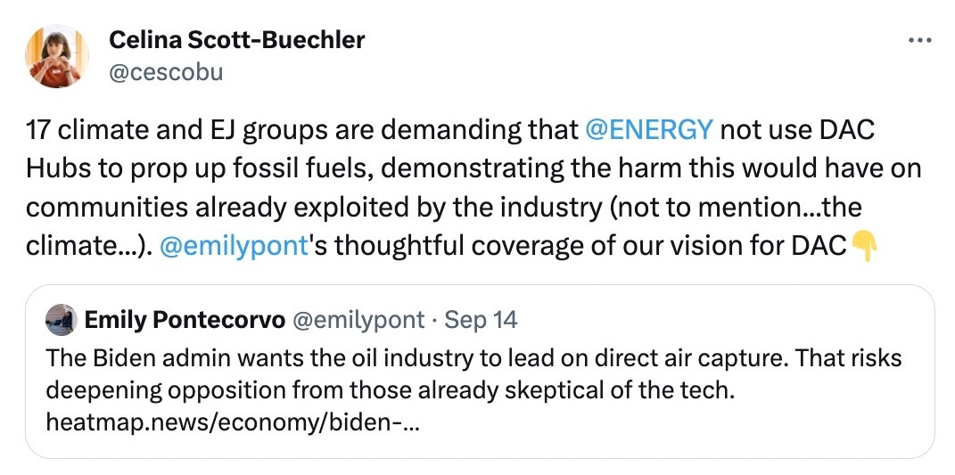 Tweet/X post from Celina Scott-Buechler at Data for Progress highlighting our recent letter to the Department of Energy about their DAC Hubs program announcements.