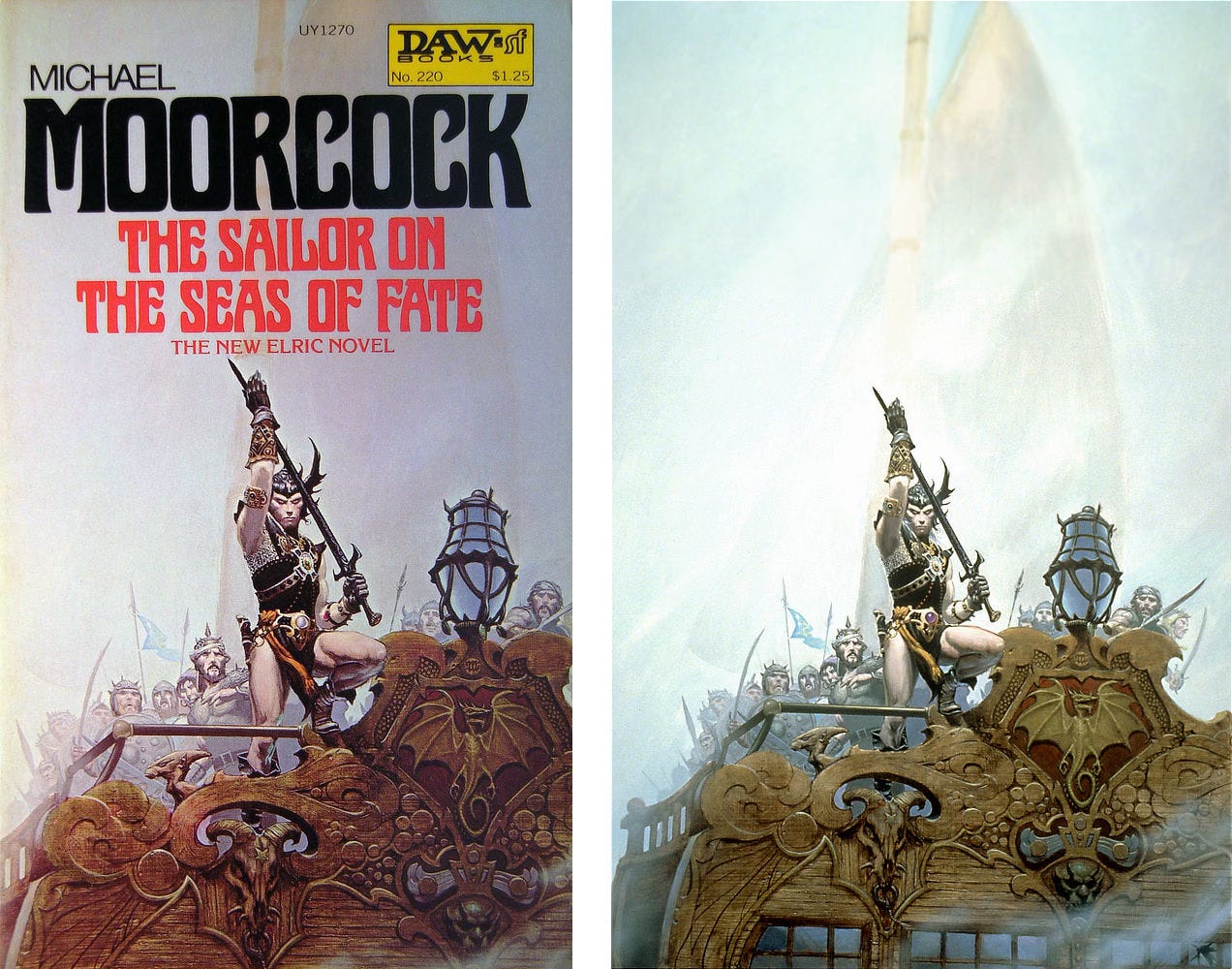 LEFT: Book cover for THE SAILOR ON THE SEAS OF FATE by Michael Moorcock, published by DAW Books. RIGHT: On a ship making its way through foggy water, Elric poses with one foot resting on the gunwale. The aft is decorated with intricate scrollwork that includes a dragon and several demon heads. Elric wears a black winged helm and a regal tunic with yellow accents. Fine silver chainmail shows underneath. The milky white skin of his arms and legs are bare to the elements. His eyes mirror the jewel at his belt as he stares down at the audience gripping Stormbringer while running his free hand along the long black runeblade. The sight of him leaves the crew, armed with swords and spears, shrinking back in fear.