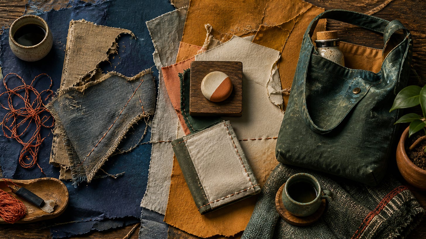 Handmade green and blue patchwork shoulder bag beside fabric swatches, thread and coffee on a wooden table