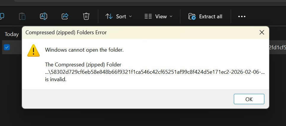 Windows error message about invalid compressed folder