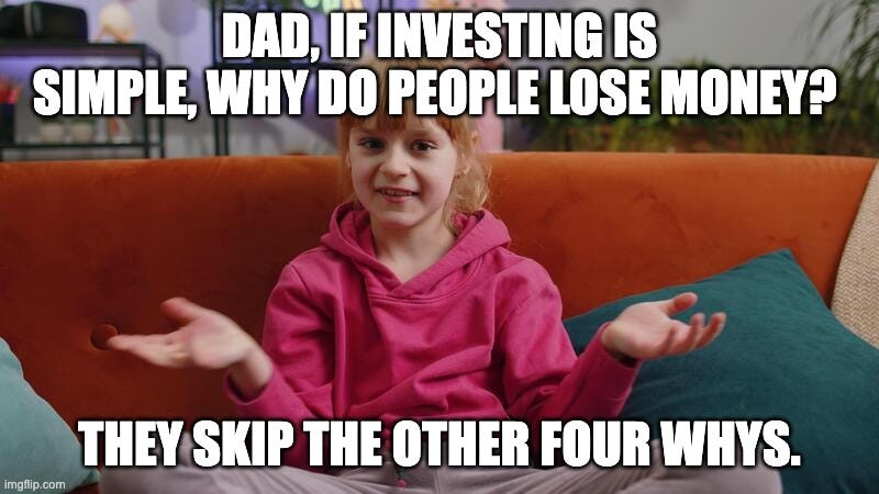 Beating The Tide newsletter meme — young child with glasses shrugging on a sofa asking “Dad, if investing is simple, why do people lose money?” with punchline “They skip the other four Whys” — illustrating the 5 Whys investing framework and childlike curiosity theme.
