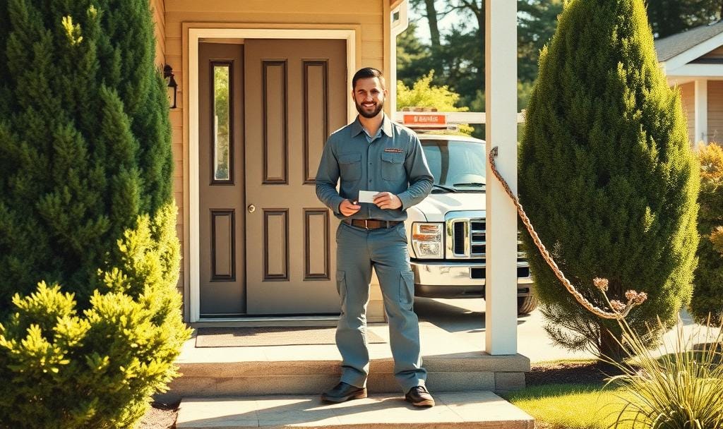 A residential service technician smiling with business card in hand. The technician is wearing a clean uniform before greeting the customer.