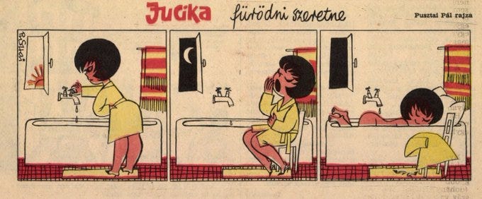 Jucika runs a bath as the sun sets outside. She waits in her robe, yawning, then in the final panel is shown fast asleep nude in the full tub with a pillow, her robe draped over a nearby chair. Jucika runs a bath as the sun sets outside. She waits in her robe, yawning, then in the final panel is shown fast asleep nude in the full tub with a pillow, her robe draped over a nearby chair.