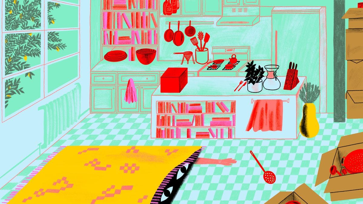 A cartoon of a kitchen with bowls and plates on the counter, skillets hanging by the stove, and a kitchen island with a knife set, Chemex pour-over coffee maker, and cookbooks. A rug is on the floor with giant eyes peeking out of the darkness. A hand reaches out from under the rug for a slotted spoon on the floor. A cartoon of a kitchen with bowls and plates on the counter, skillets hanging by the stove, and a kitchen island with a knife set, Chemex pour-over coffee maker, and cookbooks. A rug is on the floor with giant eyes peeking out of the darkness. A hand reaches out from under the rug for a slotted spoon on the floor.