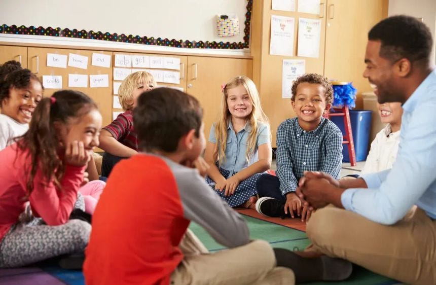 A teacher sits on the floor in a circle with a group of young students. A teacher sits on the floor in a circle with a group of young students.