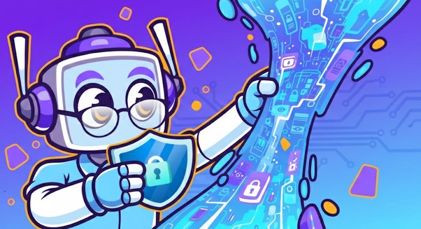 A rectangular cartoon image featuring Neuralbuddy, a light blue robot character with glasses, wearing a blue shirt. Neuralbuddy is shown adjusting a blue shield emblem with a lock icon on it, while simultaneously pulling up a dynamic, encrypted datastream filled with digital symbols and lock icons. The background is a gradient of purple and blue with abstract geometric shapes and circuit board patterns, extending to all edges of the canvas. A rectangular cartoon image featuring Neuralbuddy, a light blue robot character with glasses, wearing a blue shirt. Neuralbuddy is shown adjusting a blue shield emblem with a lock icon on it, while simultaneously pulling up a dynamic, encrypted datastream filled with digital symbols and lock icons. The background is a gradient of purple and blue with abstract geometric shapes and circuit board patterns, extending to all edges of the canvas.