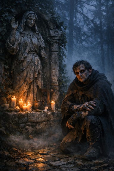 Shrine to Saint Markovia in a misty Barovian clearing at twilight, half-swallowed by ivy and time. A weathered stone statue of Saint Markovia stands crooked, one arm broken, the other raised in benediction. Beside it kneels Brother Thaddius, the mongrelfolk penitent — patchwork flesh, stitched limbs, cloak drawn tight around his shoulders, eyes full of sorrow and faith. Candles flicker at the shrine’s base, mist curling around the stones, the forest looming beyond.