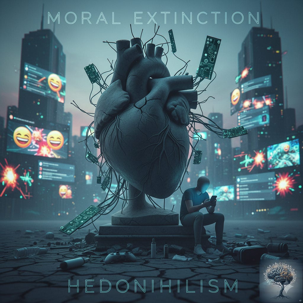 hedonihilism_A stone heart, wired to screens displaying emojis and digital content, stands in a desolate city. A figure on a phone sits nearby