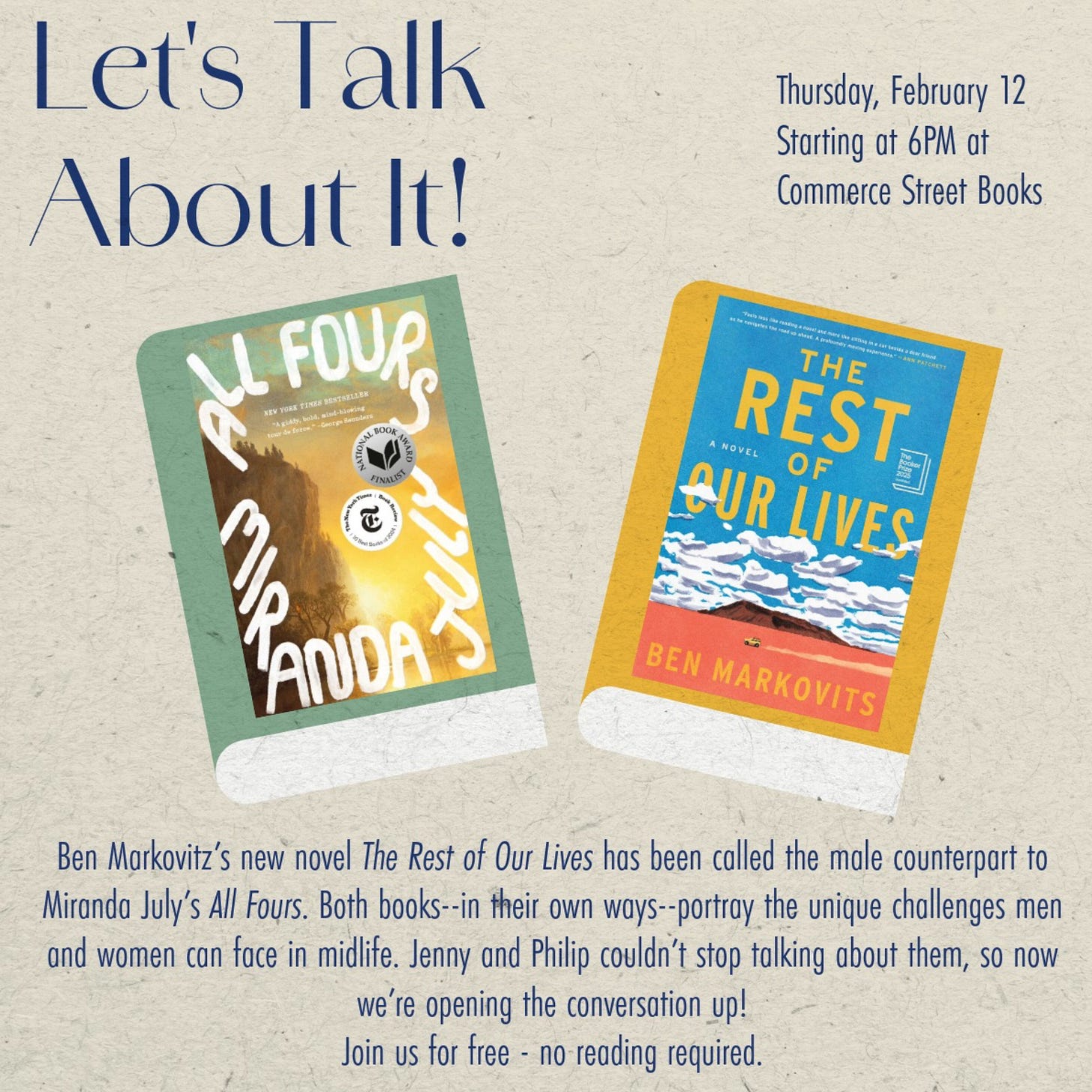 Let's talk about it book club flyer - All Fours (Miranda July) and The Rest of Our Lives (Ben Markovits) Let's talk about it book club flyer - All Fours (Miranda July) and The Rest of Our Lives (Ben Markovits)
