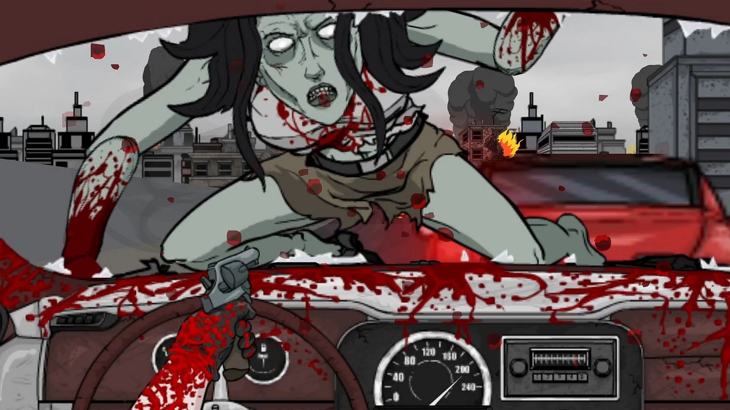 A zombie crawling over the hood of a car on a zombie-infested freeway