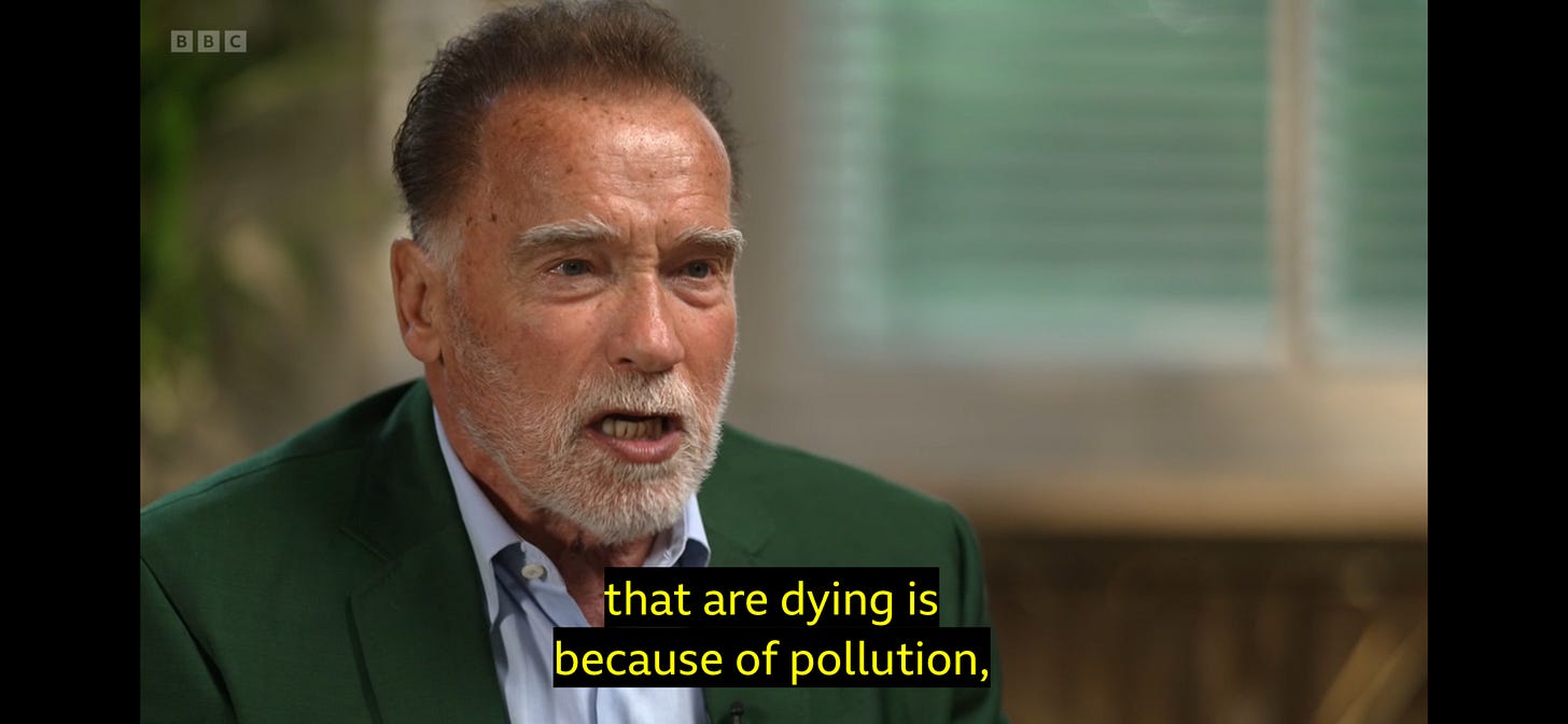 Screenshot of Arnold Schwarzenegger interview on air pollution with subtitles saying "that are dying is because of pollution"
