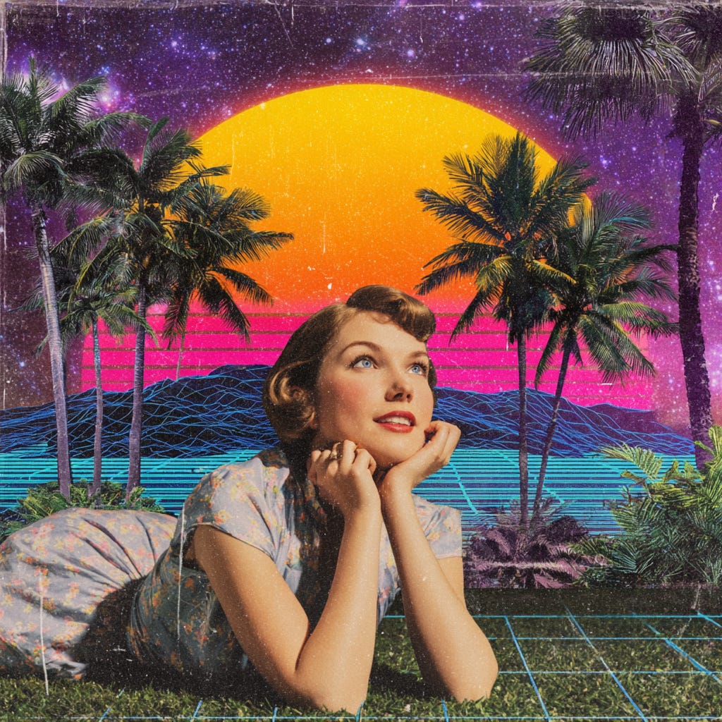 #839 AI Vaporwave Art: Nostalgic Figures in Synthetic Paradise