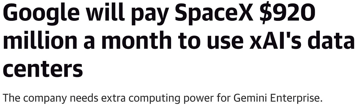News headline Google paying SpaceX 920 million monthly for xAI data centers News headline Google paying SpaceX 920 million monthly for xAI data centers
