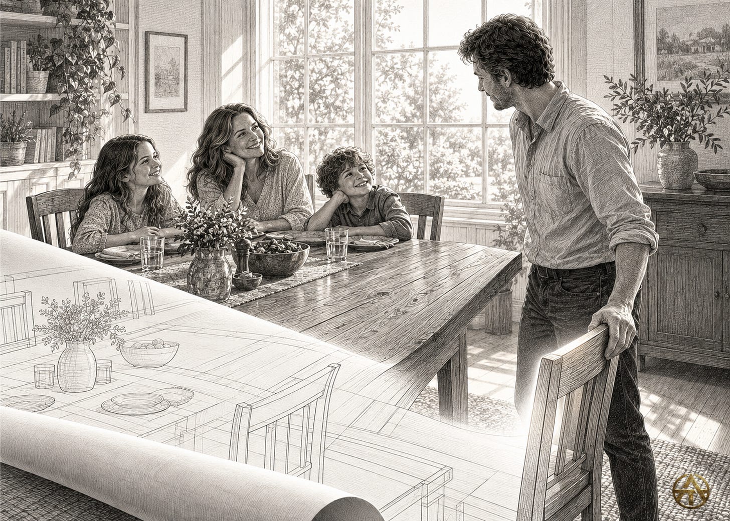 An architectural drawing unfolds into a dining table as a man pulls out a glowing chair beside a woman and two children. An architectural drawing unfolds into a dining table as a man pulls out a glowing chair beside a woman and two children.