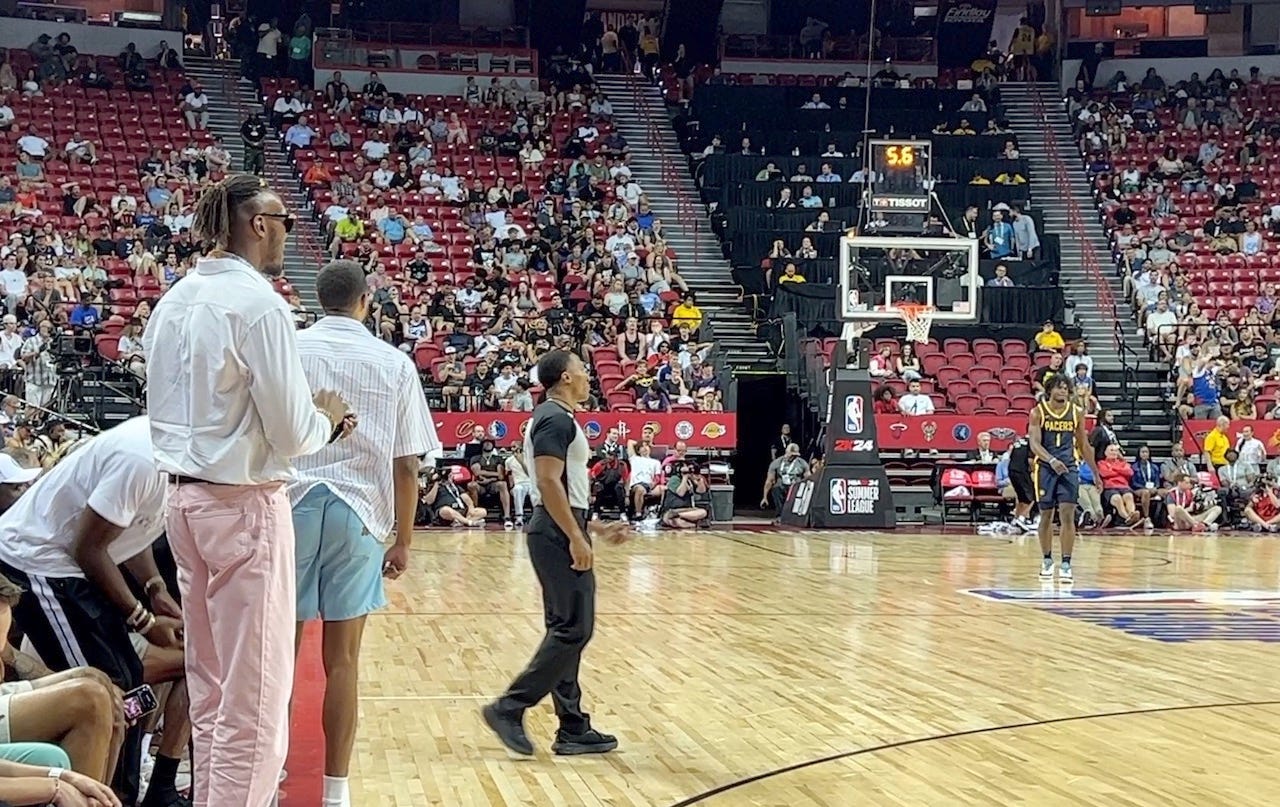 Myles Turner jumped out of his seat and smiled after seeing rookie Jarace Walker swat a shot in the first game at Summer League. Myles Turner jumped out of his seat and smiled after seeing rookie Jarace Walker swat a shot in the first game at Summer League.