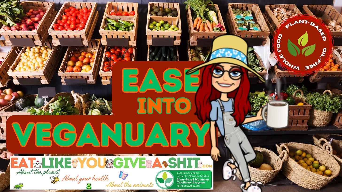 Cartoon Maggie leaning back with a cup of coffee, long red hair, a straw hat, and bunny slippers. The background is crates of veggies stacked at a market, and the foreground has the words Ease Into Veganuary and the Eat Like You Give a Shit logo.