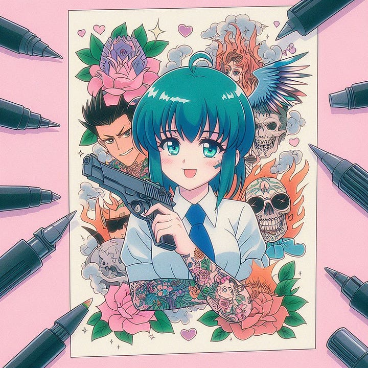 create image of flash paper with anime style tattoos