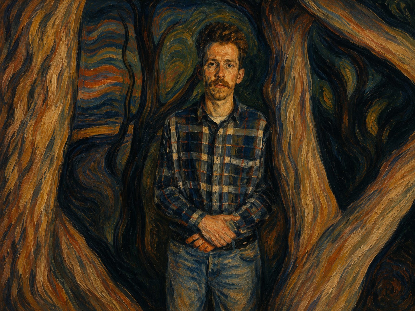 Retrato expresionista de un hombre con bigote y camisa de cuadros (Adam Raz), de pie con las manos entrelazadas en medio de un bosque oscuro. Grandes troncos sinuosos lo enmarcan, mientras los tonos azul noche, ocre y marrón se arremolinan a su alrededor en un estilo que evoca a Edward Munch.