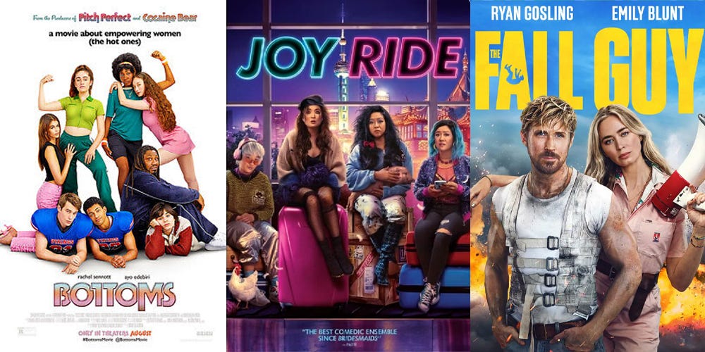 film posters for Bottoms, Joy Ride, and The Fall Guy