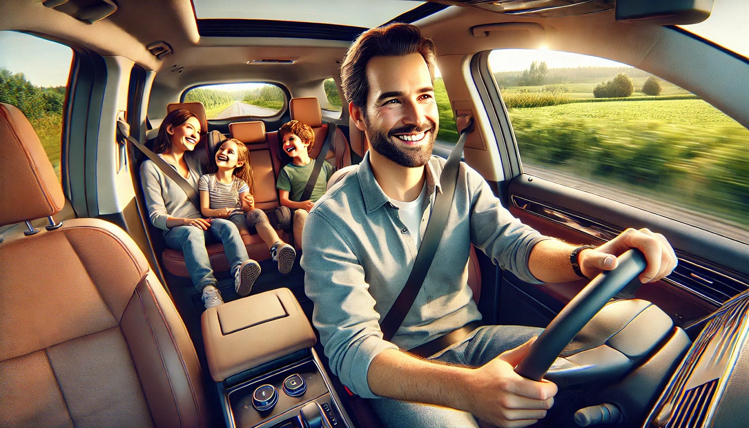 A highly realistic, photograph-style image of a man driving a car with his family. The scene shows a cheerful father in the driver's seat of a spacious family SUV, with a relaxed expression as he drives along a countryside road during daytime. Next to him, his spouse smiles warmly, and in the backseat, two children are visible, laughing and playing. The car interior is modern and cozy, with sunlight streaming in through the windows. The background includes green fields, trees, and a clear blue sky, emphasizing a sense of togetherness and joy on a family outing.