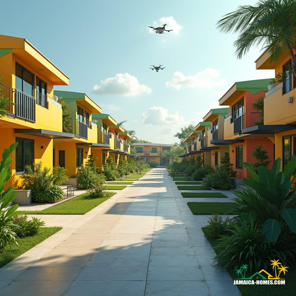 A futuristic neighborhood in Kingston, Jamaica, 2040, featuring clusters of small, affordable smart homes designed for sustainability and community living. Each home is a compact modular structure with 3D-printed walls made from recycled materials and locally sourced composites, equipped with integrated solar panels and green gardens. AI-managed home systems control energy, climate, and water usage. Streets are lined with smart lighting, shaded walkways, and shared urban gardens. Homes feature open-air patios, natural ventilation, and colorful accents inspired by Jamaican culture. Drones deliver packages, and electric micro-vehicles travel along clean streets. Tropical greenery is integrated, with vertical gardens and communal green spaces. Daytime scene with bright sunlight reflecting on modern, colorful facades, high-detail, ultra-realistic rendering, futuristic yet affordable and sustainable, tropical-modern aesthetic. Cinematic film still, shot on v-raptor XL, film grain, vignette, color graded, post-processed, cinematic lighting, 35mm film, live-action, best quality, atmospheric, a masterpiece, epic, stunning, dramatic.