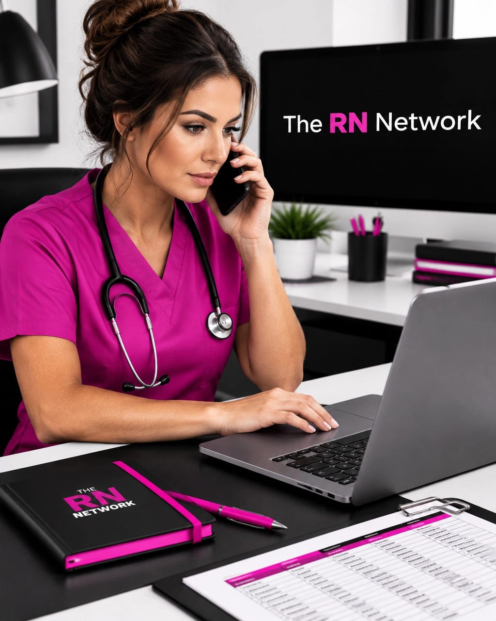 Nurse in pink scrubs checking a reference contact list while making a phone call Nurse in pink scrubs checking a reference contact list while making a phone call