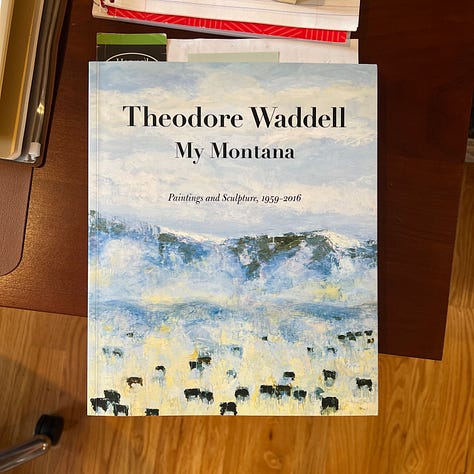 Three images, one is an abstract painting of buffalo, plus images of the book and the original painting that was used as a source.