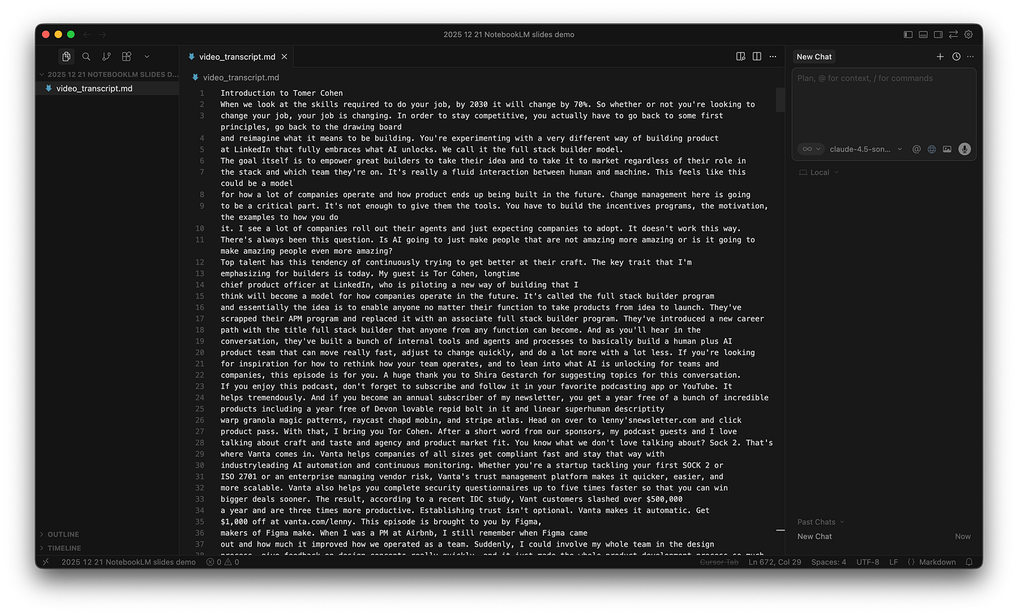 Screenshot of the Cursor code editor displaying a file named video_transcript.md containing the unformatted text pasted from the video transcript.