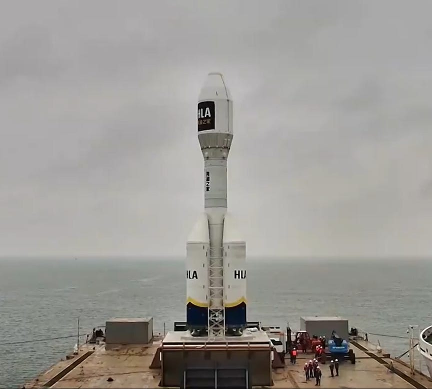 The Gravity-1 Y2 vehicle stood on its sea-launch platform ahead of launch.
