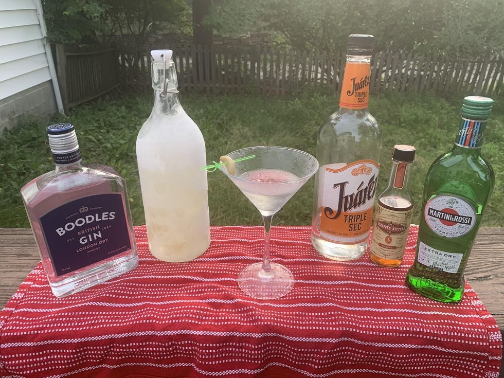 Ingredient shot. The martini was tested for quality (very nice) immediately after this photo was taken. I garnished this with a pickled garlic clove.