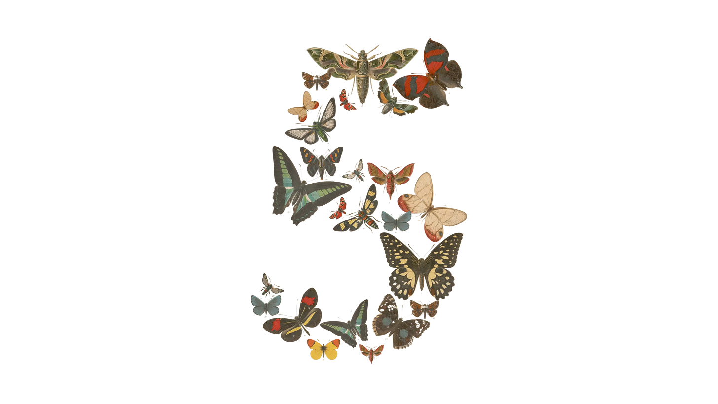 Vintage botanical butterfly and moth illustrations arranged into the numeral 5, illustrating the Claude Fable 5 launch as a Mythos-class frontier model from Anthropic.