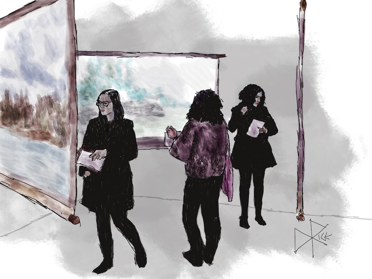 Three people standing inside the triangle created by the video projection triptych “Arcadia” by Rick Fisher and Don Rice. Sketch art by Don Rice.