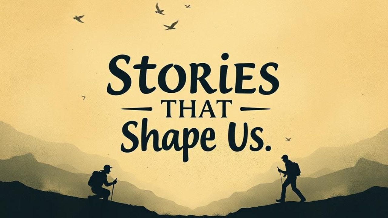 Image with the words the stories that shape us with two hikers exploring with mountains in the background Image with the words the stories that shape us with two hikers exploring with mountains in the background