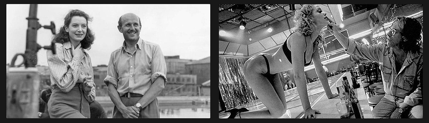 Side-by-side black-and-white production stills: one of Kathleen Byron and Michael Powell in a candid on-set moment, the other of Elizabeth Berkley on all fours at the edge of the Cheetah stage with Paul Verhoeven reaching up and touching her lips from behind the camera on Showgirls. Side-by-side black-and-white production stills: one of Kathleen Byron and Michael Powell in a candid on-set moment, the other of Elizabeth Berkley on all fours at the edge of the Cheetah stage with Paul Verhoeven reaching up and touching her lips from behind the camera on Showgirls.