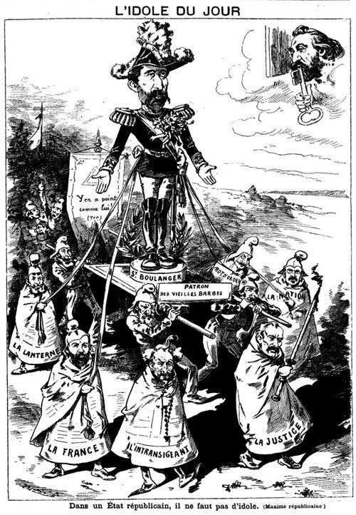 Charge pintando Boulanger como o “Ídolo do Dia”. Diferentes jornais carregam o “Santo Boulanger”, enquanto Gambetta observa do céu. A legenda diz: “Em um Estado republicano não se pode ter idolos (máxima republicana)”. Le Grelot, 25 de julho 1886 (W…