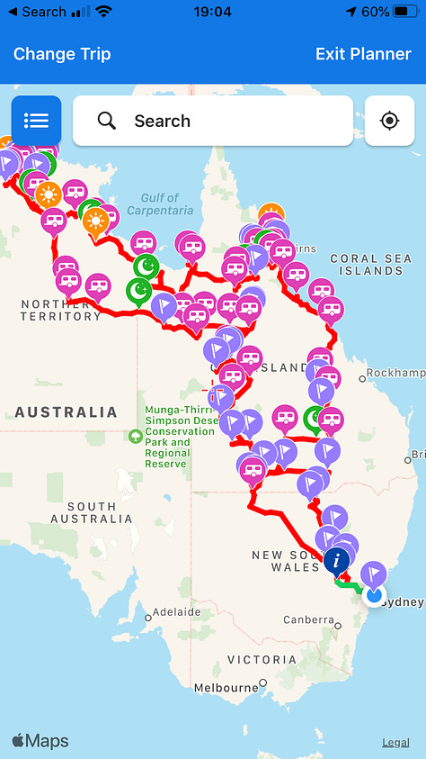 A collection of photos from an Australian outback expedition including a detailed travel map with route flags, a loaded 4WD vehicle on a red dirt road, and a sunset campsite in the desert.