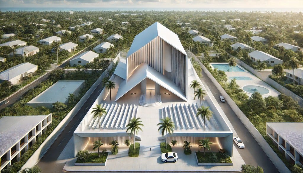 Minimalist Modern Church in Kingston: A minimalist church with a futuristic design in Kingston, blending sharp angles and smooth curves. The structure includes an airy central worship hall with retractable walls to open up to outdoor courtyards, a rooftop garden for small group gatherings, and integrated smart technologies for lighting and sound.
