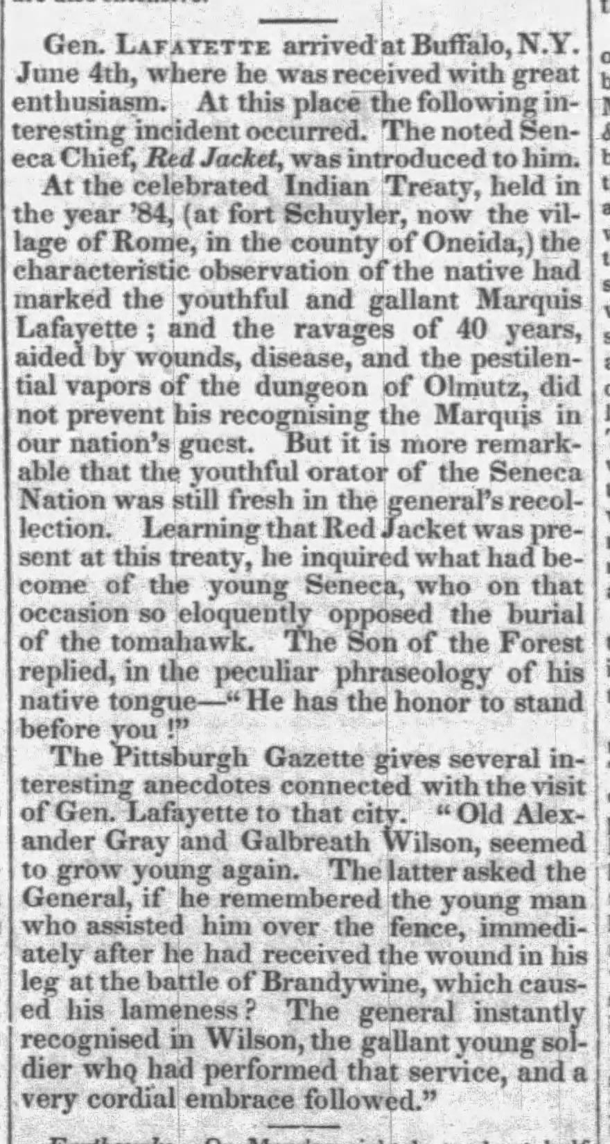A discussion of Lafayette meeting Seneca Nation chief Red Jacket with anecdotes referencing Alexander Gray and Galbreath Wilson, heroes from the Brandywine campaign. Clipped in Newspapers.com from the Eastern Argus, Portland, Maine, Thursday, June 16, 1825