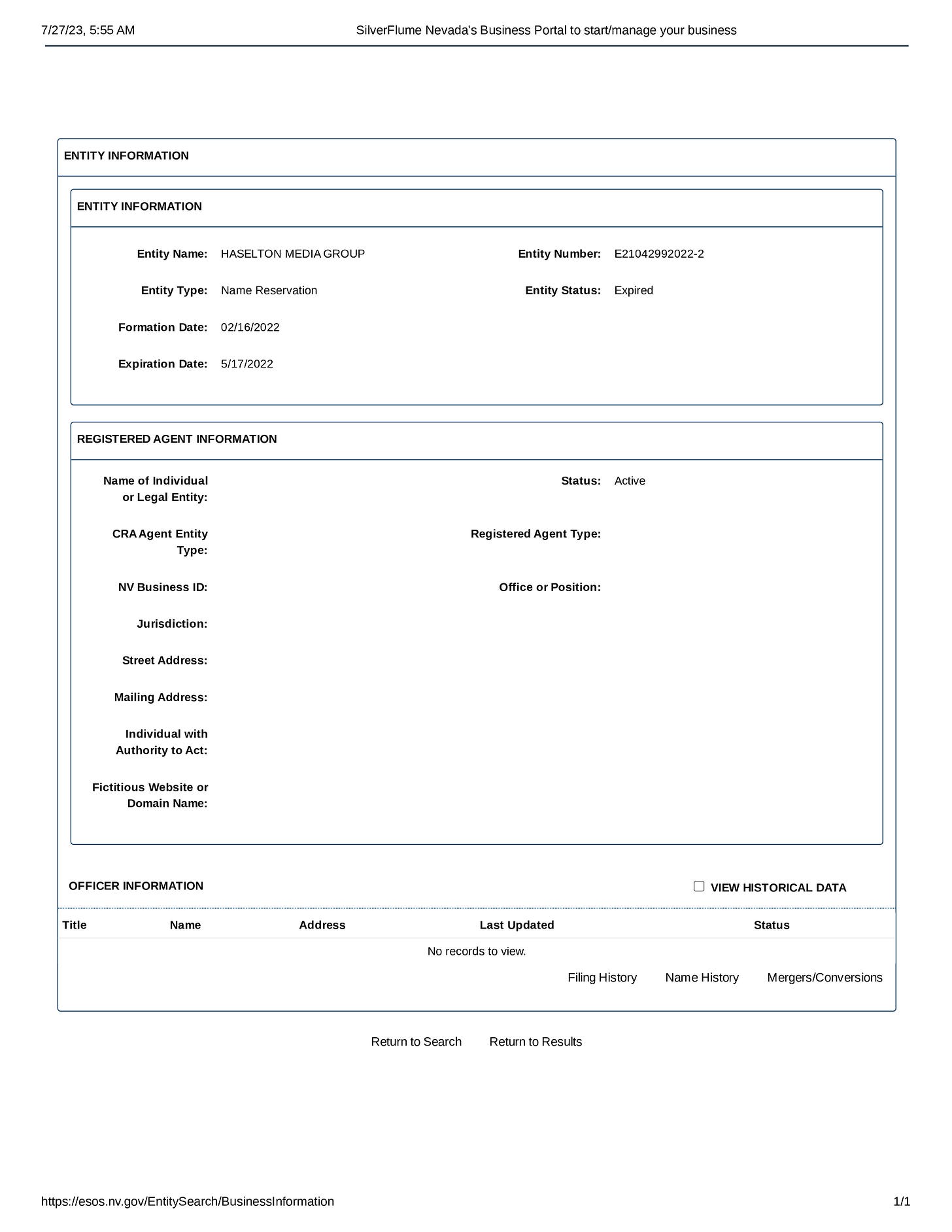 Image of printout from the Nevada Secretary of State entity record for Haselton Media Group, Entity Number E21042992022-2, name reservation that is missing REGISTERED AGENT INFORMATION and OFFICER INFORMATION