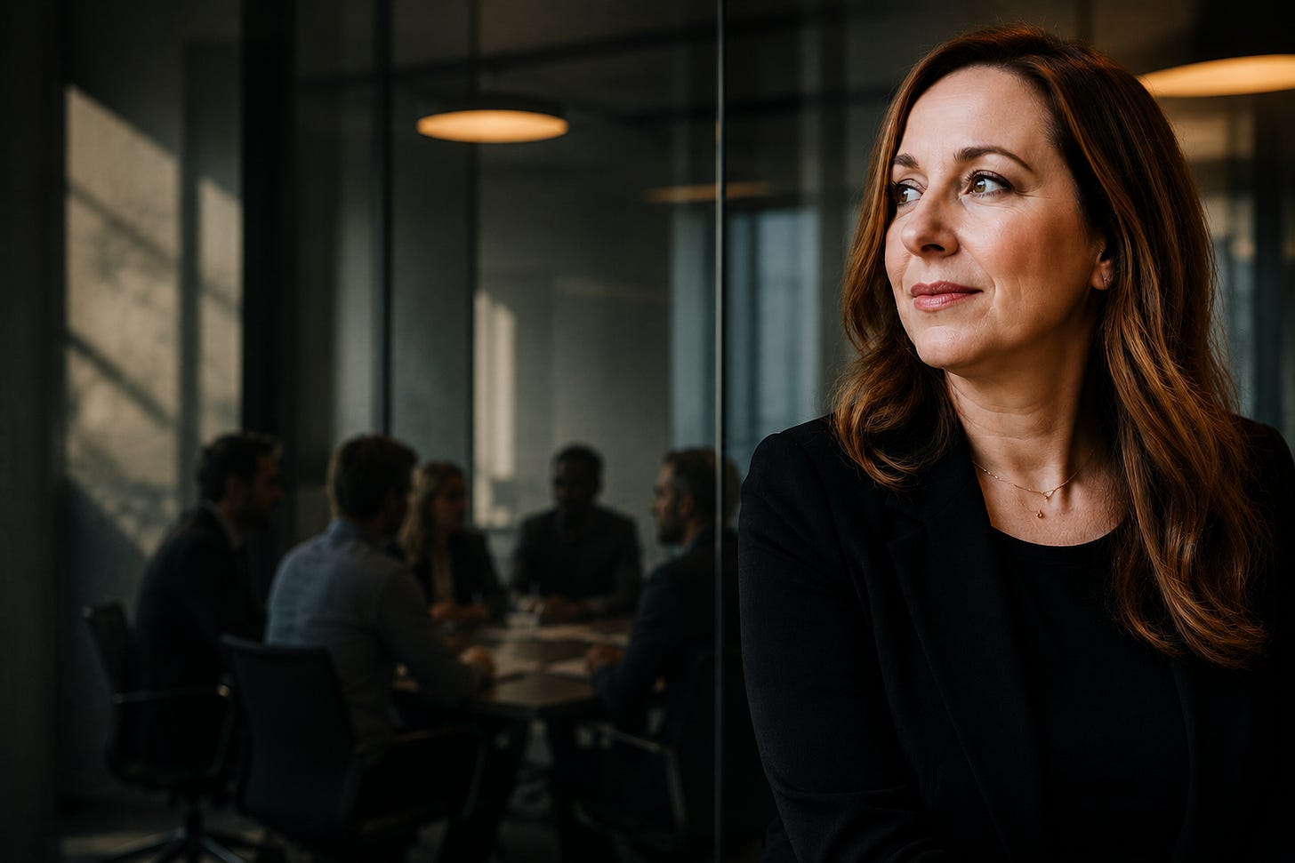 A thoughtful woman stands in the foreground of a softly lit modern office while a blurred team meeting unfolds behind glass walls, symbolizing emotional leadership, workplace belonging, and authenticity in professional life.
