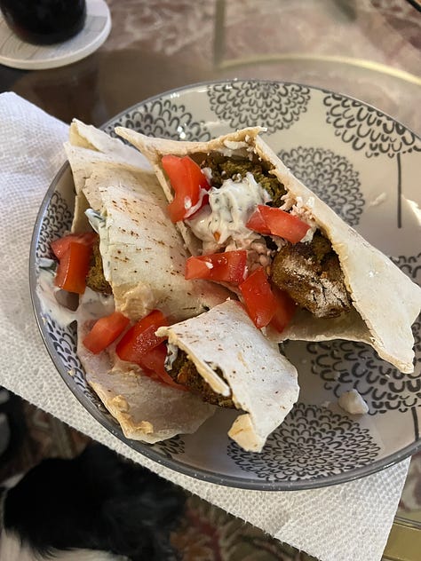 A gallery of air fryer creations including falafel, empanadas, shrimp po' boys and egg souffle.