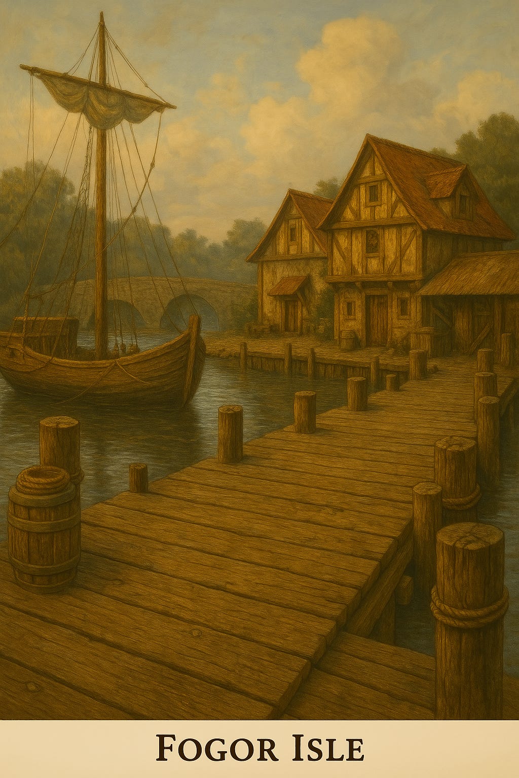 Create an image of the Fogor Isle docks empty of people
