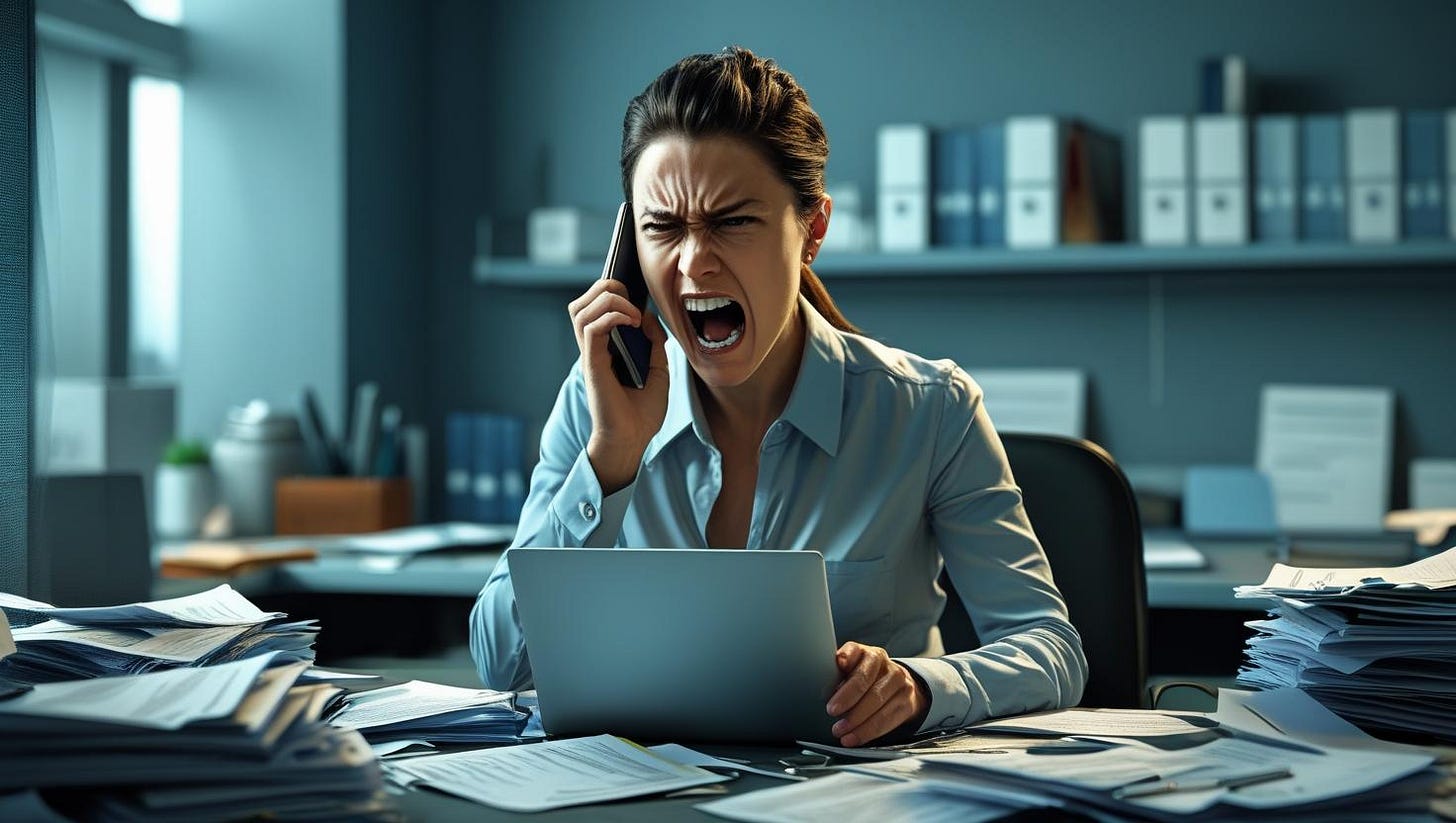 A frustrated woman in a blue shirt yells into a phone at a cluttered desk with papers. 