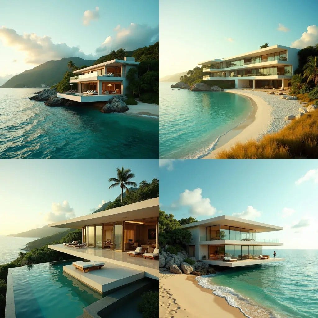 Magnificent modern Jamaican villa with expansive windows, cantilevered platforms, and dramatic protuberances, set directly on the pristine beach in Montego Bay, coast, with turquoise Caribbean waters stretching to the horizon.