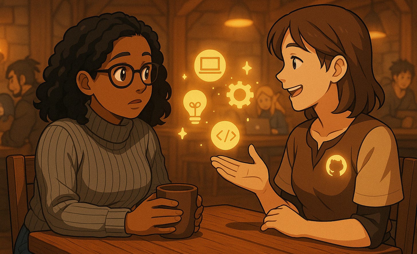 Two women sitting and talking over coffee, with glowing icons representing ideas, coding, and collaboration.