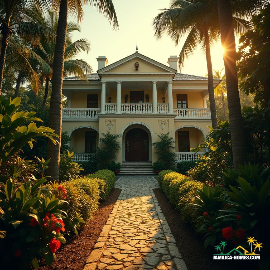 Majestic colonial architecture home in Jamaica, Caribbean, surrounded by lush tropical foliage and vibrant flora, warm golden light casting long shadows across the facade, as if shot on a warm summer evening. Majestic colonial architecture home in Jamaica, Caribbean, surrounded by lush tropical foliage and vibrant flora, warm golden light casting long shadows across the facade, as if shot on a warm summer evening.