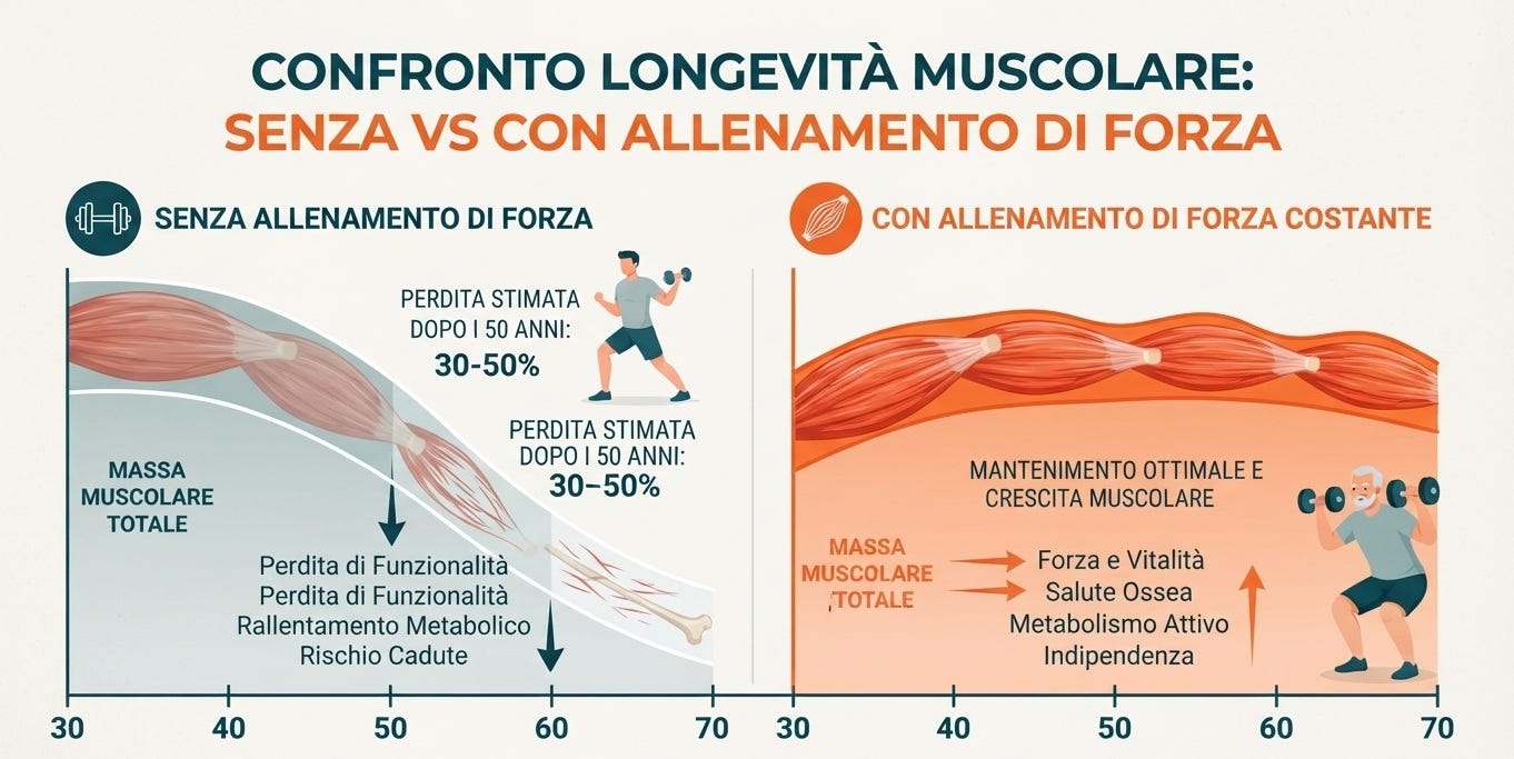 Grafico comparativo sulla sarcopenia che mostra la perdita di massa muscolare senza allenamento rispetto al mantenimento con la forza - Aura Longevity Grafico comparativo sulla sarcopenia che mostra la perdita di massa muscolare senza allenamento rispetto al mantenimento con la forza - Aura Longevity