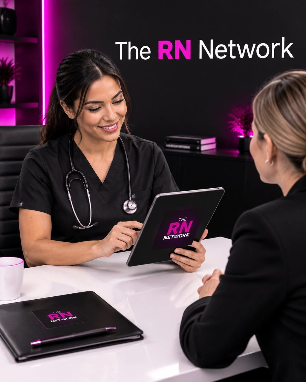 Nurse in neutral scrubs reviewing reference information with a recruiter Nurse in neutral scrubs reviewing reference information with a recruiter