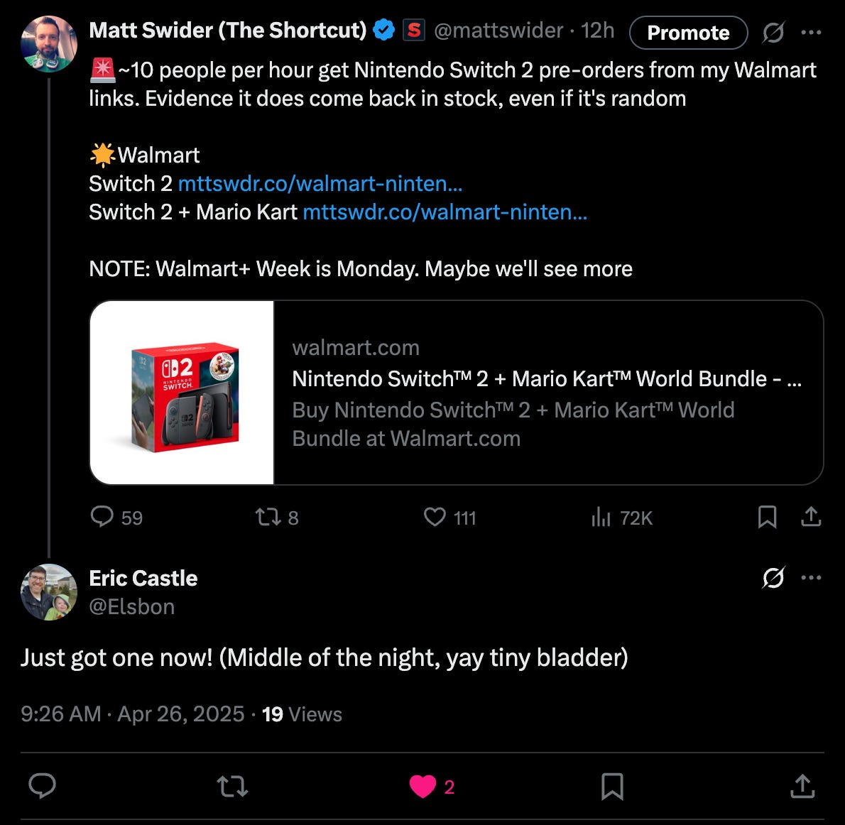 Twitter/X post showing that Walmart has Nintendo Switch 2 pre-orders in stock on April 26, 2025 Twitter/X post showing that Walmart has Nintendo Switch 2 pre-orders in stock on April 26, 2025